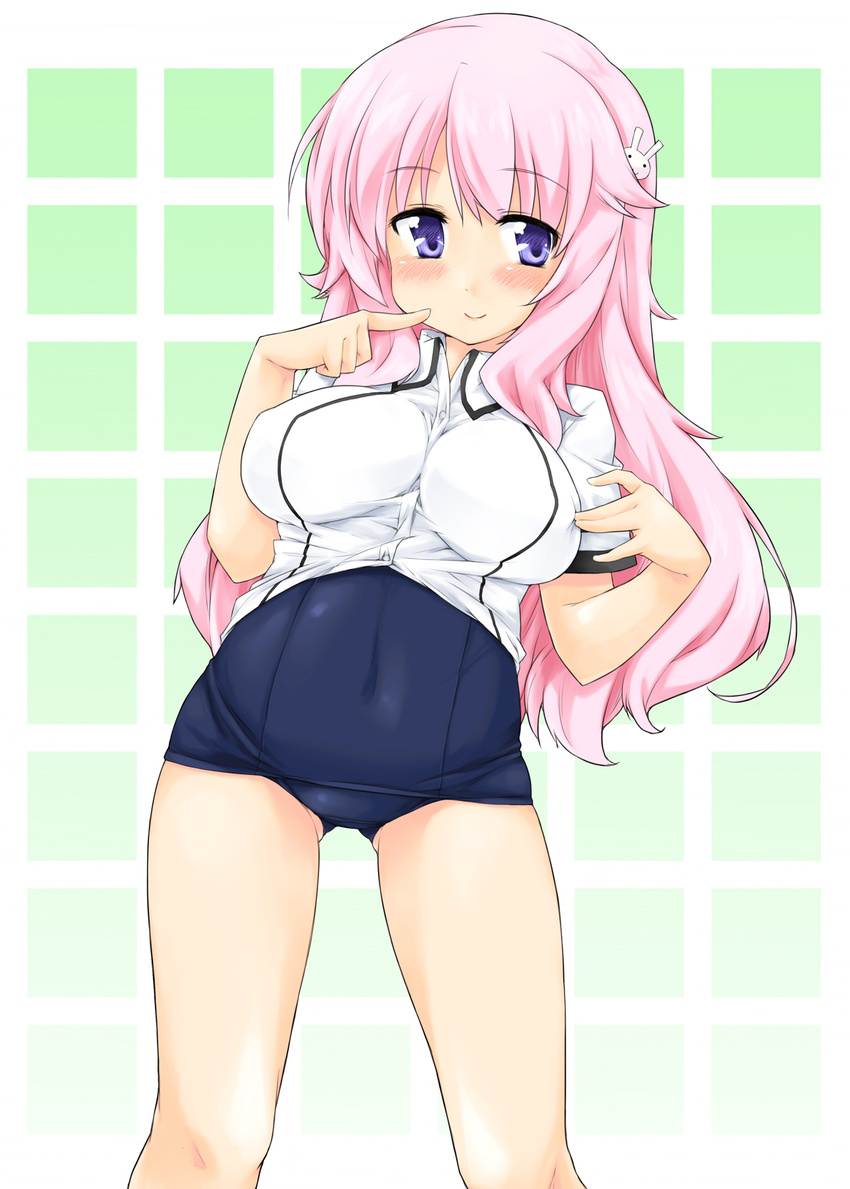 bad_id bad_pixiv_id baka_to_test_to_shoukanjuu blush breasts dress_shirt gradient gradient_background hair_ornament hairclip hands highres himeji_mizuki impossible_clothes impossible_shirt itou_ayachi large_breasts long_hair navel no_pants one-piece_swimsuit pink_hair purple_eyes school_swimsuit shirt simple_background smile solo swimsuit swimsuit_under_clothes thighs