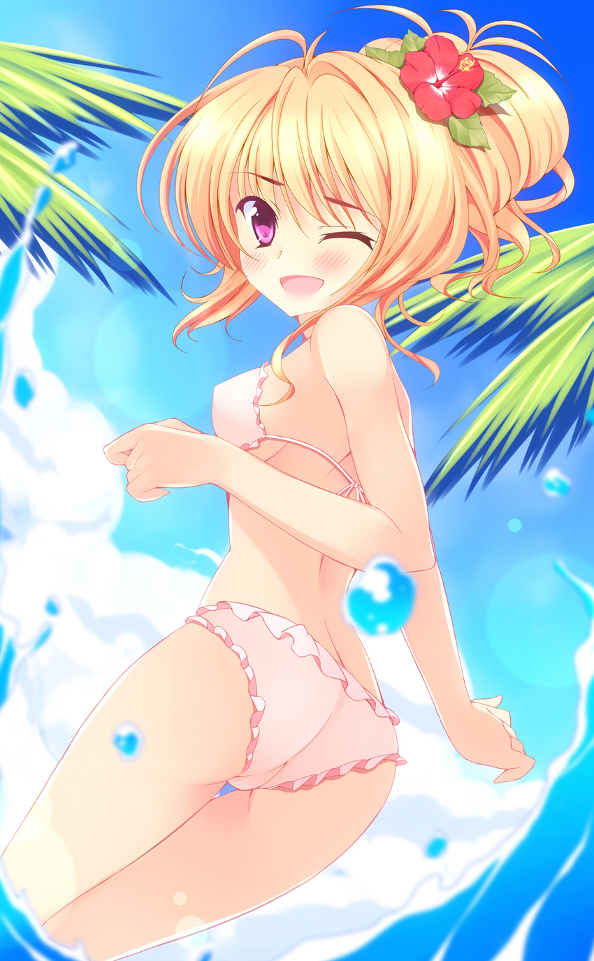 azure_(capriccio) back bad_id bad_pixiv_id bikini blonde_hair blush flower hair_flower hair_ornament hibiscus highres looking_back one_eye_closed open_mouth original red_eyes short_hair smile solo swimsuit tree water