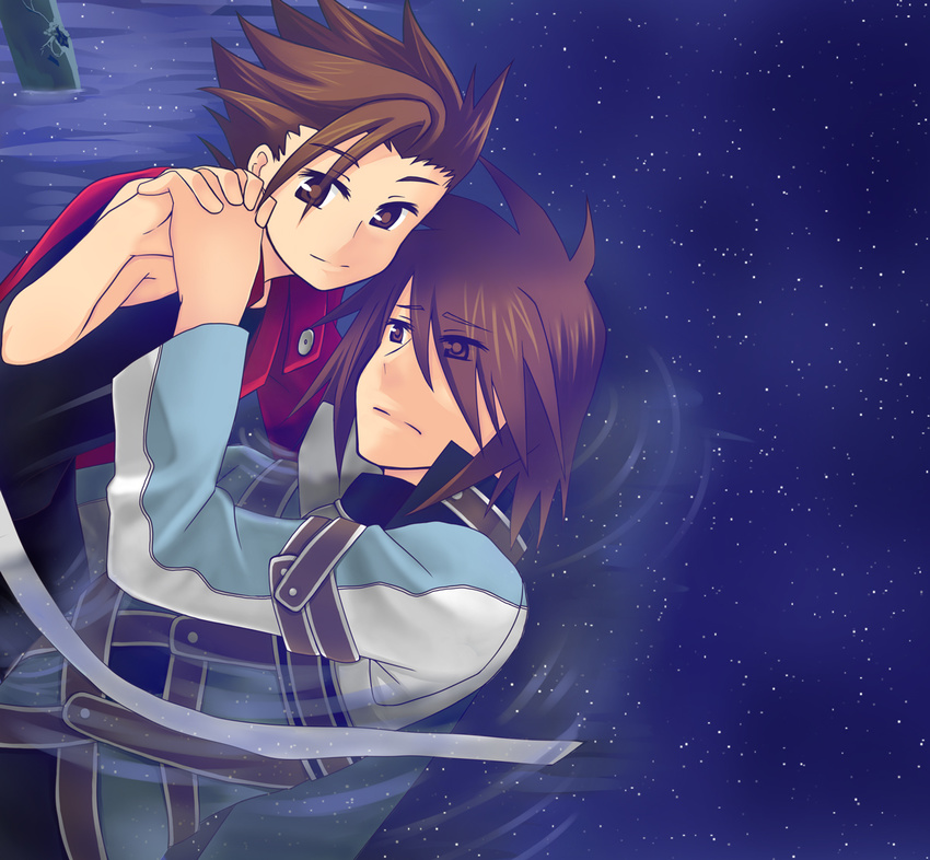 2boys age_difference alternate_costume brown_eyes brown_hair father_and_son frown hand_holding kratos_aurion lloyd_irving multiple_boys red_eyes red_hair short_hair smile star stars tales_of_(series) tales_of_symphonia