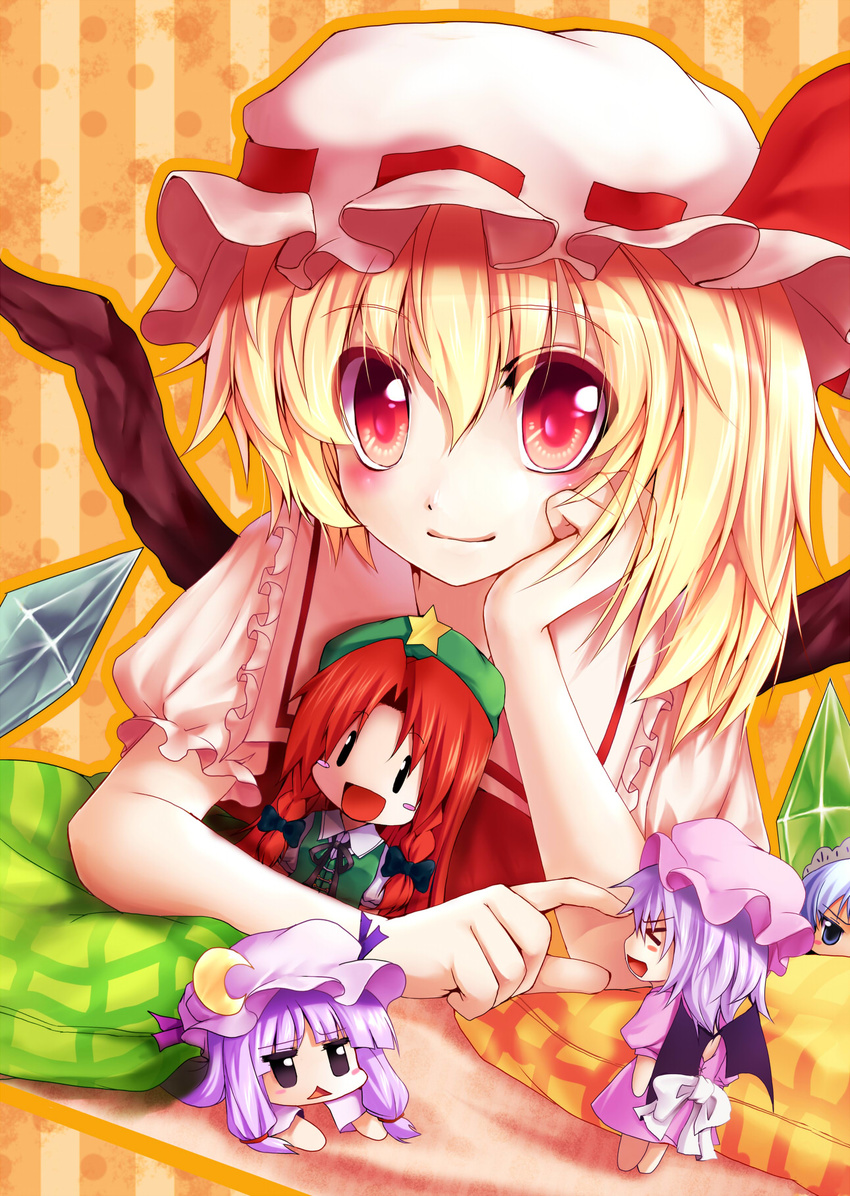 &gt;_&lt; bad_id bad_pixiv_id blonde_hair closed_eyes flandre_scarlet hat highres hong_meiling izayoi_sakuya minigirl patchouli_knowledge red_eyes remilia_scarlet ryuushou short_hair side_ponytail smile solo touhou wings