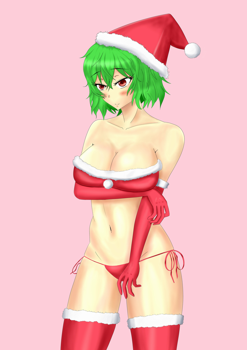 blush breasts christmas cleavage female green_hair hat highres kazami_yuuka panties santa santa_costume skirt smile thighhighs thong touhou underwear youkai