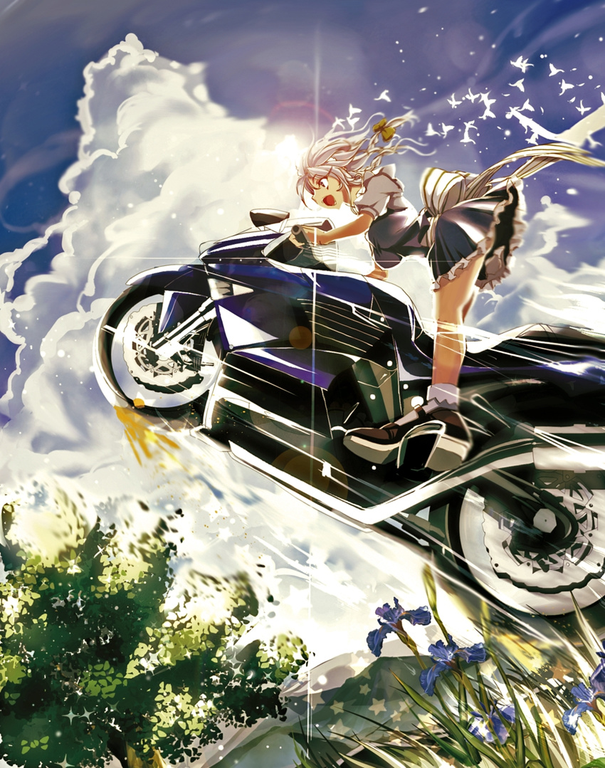 :d ass bent_over black_footwear blue_flower blue_skirt bobby_socks bow braid breasts cloud day floating_hair flower frilled_skirt frills from_side glint grass green_bow ground_vehicle hair_bow happy haruhina_purple highres hill izayoi_sakuya jumping kawasaki kawasaki_zzr1400 kneepits lens_flare looking_to_the_side maid maid_headdress mary_janes medium_breasts miniskirt motion_blur motor_vehicle motorcycle open_mouth outdoors pollen profile puffy_short_sleeves puffy_sleeves riding shoes short_hair short_sleeves side_braid silver_hair skirt sky smile socks solo sparkle speed_lines star sunlight taut_clothes touhou tree twin_braids white_bow white_legwear