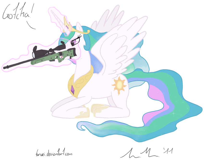 alicorn cutie_mark equine farvei female feral friendship_is_magic gun horn horse l96 mammal my_little_pony pegacorn plain_background pony princess_celestia_(mlp) ranged_weapon rifle sniper_rifle solo text transparent_background weapon winged_unicorn wings