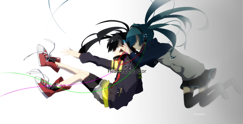 aqua_hair black_hair ene_(kagerou_project) enomoto_takane headphone_actor_(vocaloid) headphones highres kagerou_project long_hair meega multiple_girls shoes skirt thighhighs twintails very_long_hair vocaloid zettai_ryouiki