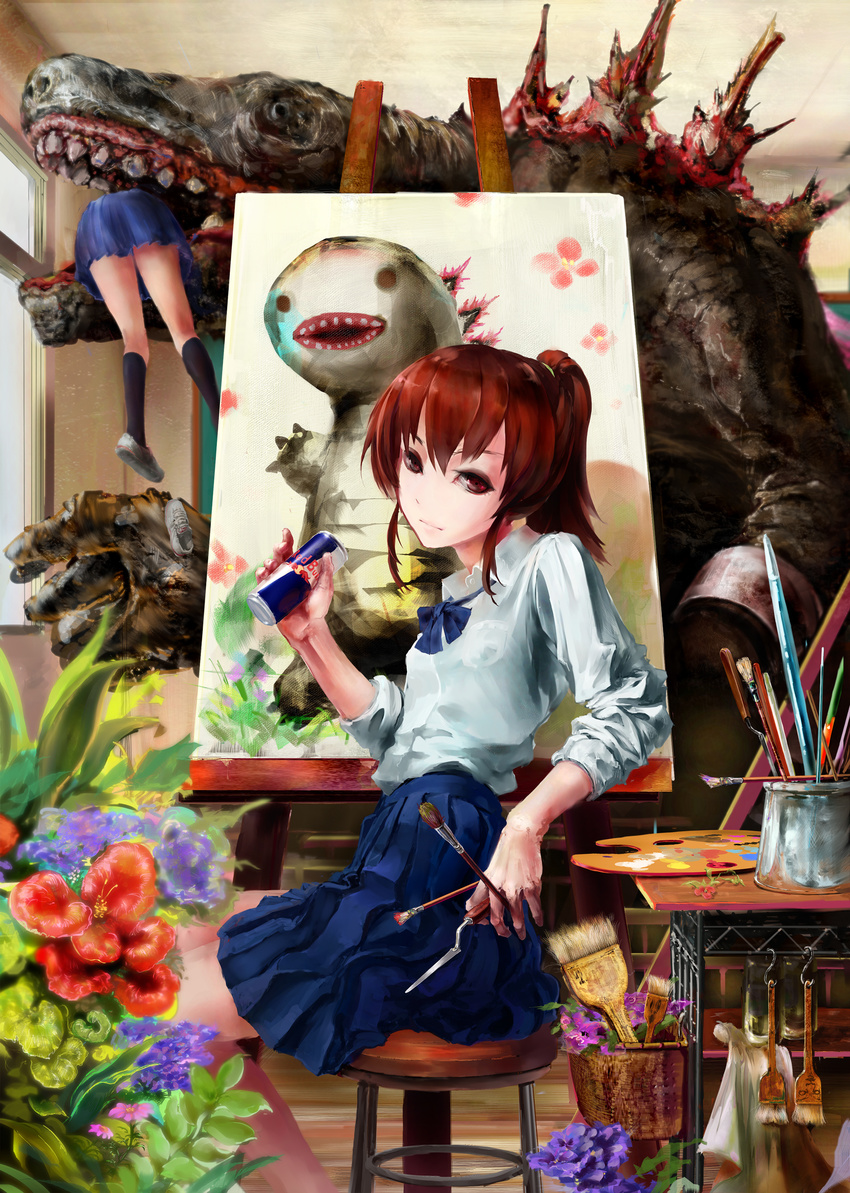 absurdres an'yu art_brush artist_painter bad_id bad_pixiv_id bench black_legwear brown_eyes brown_hair brush can canvas_(object) drawing drawing_board drawing_equipment drink easel eating flower hair_tie highres holding kneehighs long_hair long_sleeves looking_at_viewer monster multiple_girls original paintbrush painting palette ponytail product_placement red_bull red_eyes red_hair ribbon room shoes sitting skirt sleeves_rolled_up smile table window