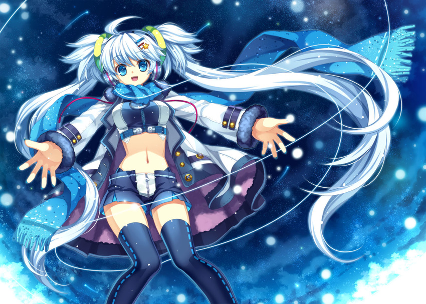 ahoge black_legwear blue_eyes blue_hair blue_scarf capura_lin coat fringe_trim fur_trim hair_ornament hairclip headphones long_hair nail_polish navel night night_sky original outstretched_arms scarf shorts sky snow star star_hair_ornament thighhighs twintails very_long_hair