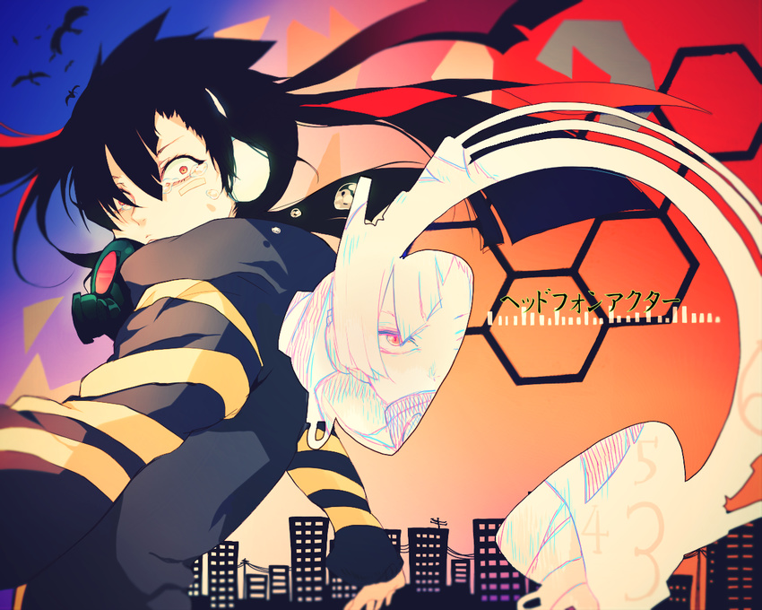 bad_id bad_pixiv_id black_hair enomoto_takane gas_mask headphone_actor_(vocaloid) headphones hexagon honeycomb_(pattern) honeycomb_background kagerou_project long_hair red_eyes solo souno_kazuki tears twintails vocaloid white_hair