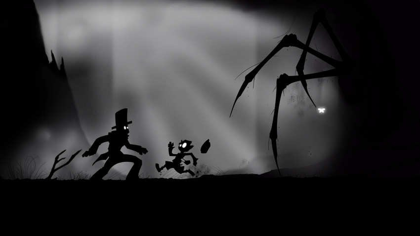 bag beret bug butterfly crossover dark glowing glowing_eyes grass greyscale hat hershel_layton highres insect limbo_(game) luke_triton monochrome multiple_boys professor_layton running satchel shorts sieberwolf silhouette spider top_hat