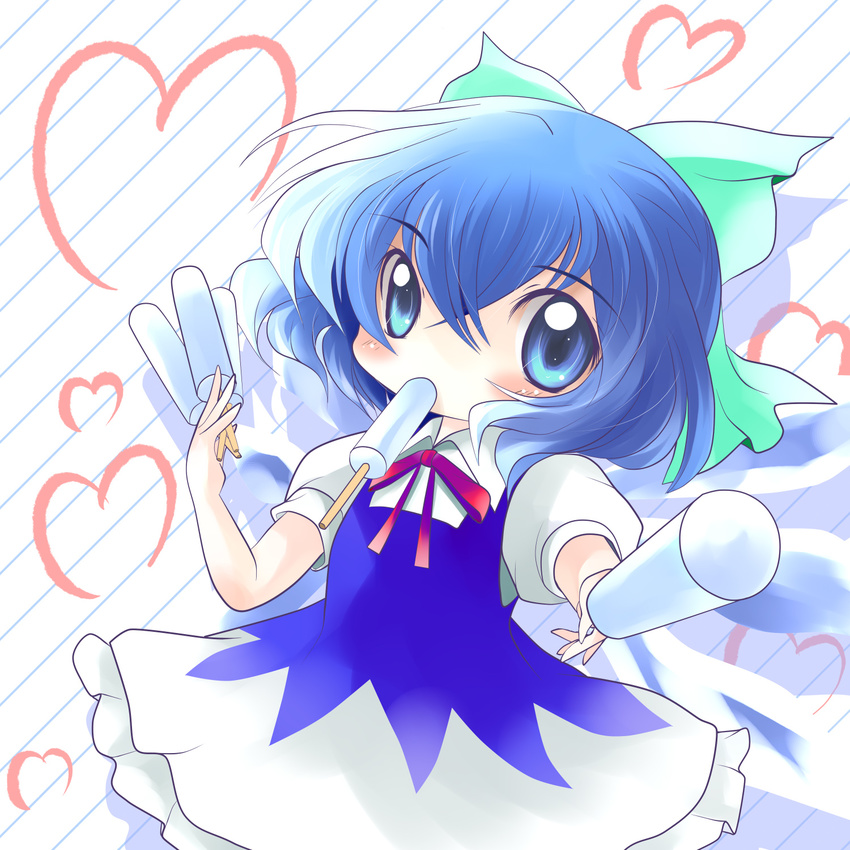 blue_eyes blue_hair blush bow chibi cirno dress food giving hair_bow heart highres neck_ribbon popsicle ribbon short_hair solo touhou yume_shokunin