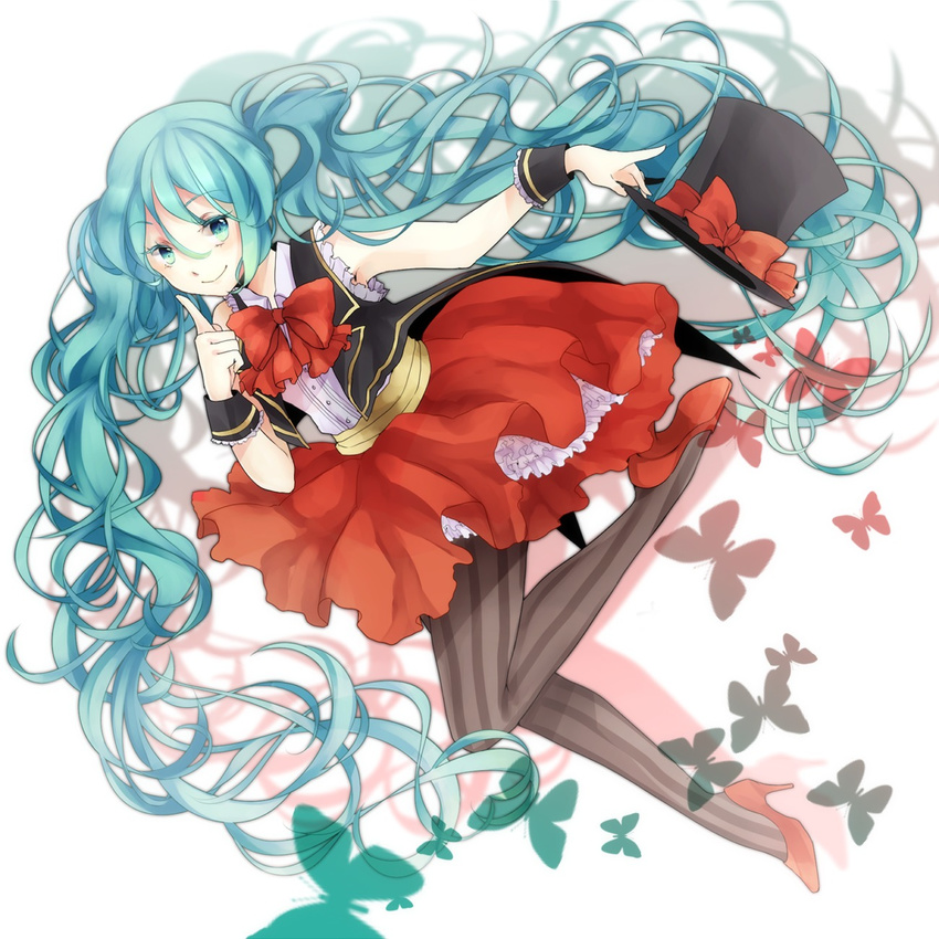 aqua_eyes aqua_hair hat hatsune_miku high_heels highres long_hair pantyhose petticoat pointing sachikan shoes skirt smile solo striped striped_legwear top_hat twintails vertical-striped_legwear vertical_stripes very_long_hair vocaloid wrist_cuffs