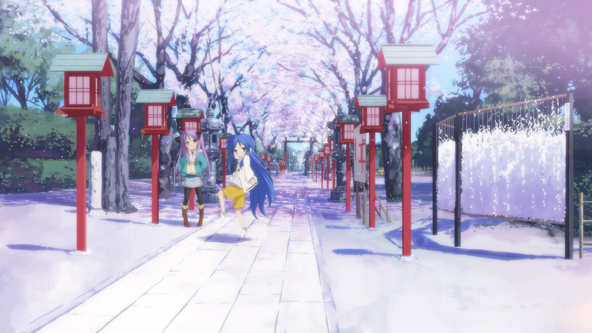 anime_location bloom blue_eyes blue_hair boots cherry_blossoms eunos foreshortening green_eyes hands_in_pockets highres hiiragi_kagami izumi_konata lantern long_hair lucky_star multiple_girls pantyhose path purple_hair road scenery spring_(season) stone_lantern torii twintails wooden_lantern