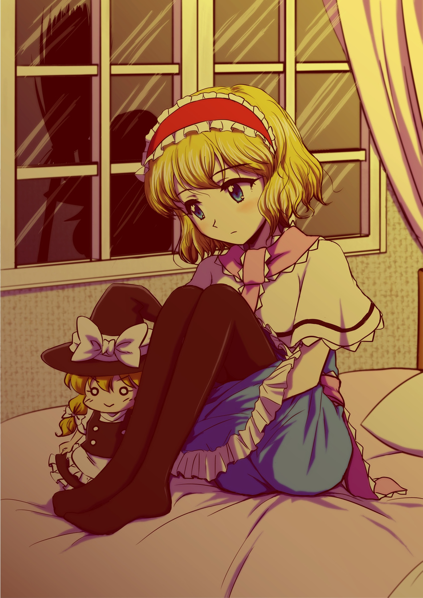 :&gt; alice_margatroid bed black_legwear blonde_hair blue_hair blush broom capelet character_doll greatestwashi hairband highres kirisame_marisa leg_hug o_o pantyhose sad short_hair silhouette sitting solo touhou window