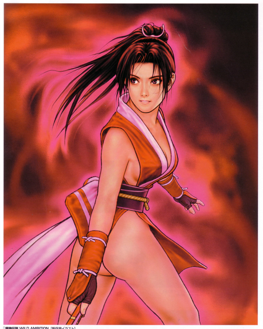 artbook ass bow breasts brown_hair closed_fan fan fatal_fury fingerless_gloves folding_fan gloves highres legs long_hair medium_breasts mori_toshiaki ninja pelvic_curtain ponytail realistic revealing_clothes scan shiranui_mai sideboob solo the_king_of_fighters