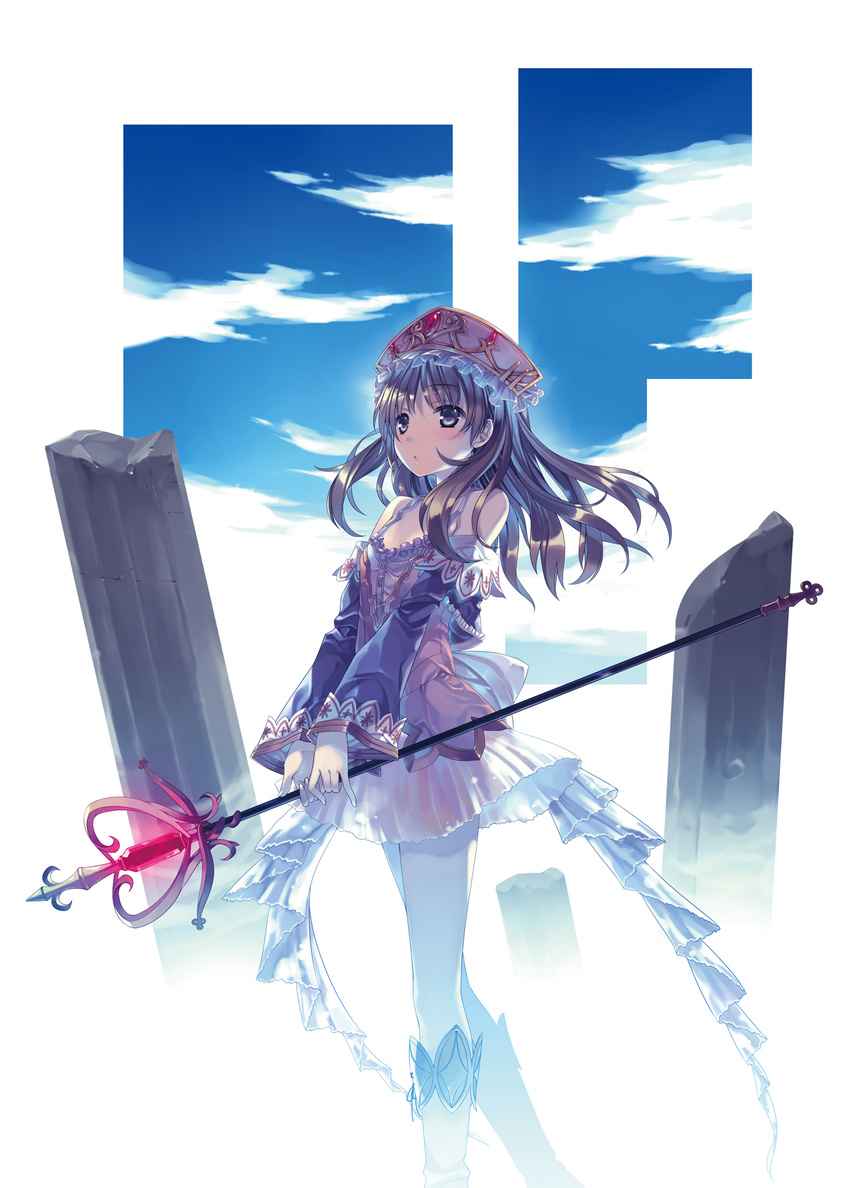 :o atelier_(series) atelier_totori bare_shoulders black_eyes blue_sleeves blush boots brown_hair cloud dress hat highres long_hair ooba_kagerou open_mouth pillar sky solo staff standing totooria_helmold