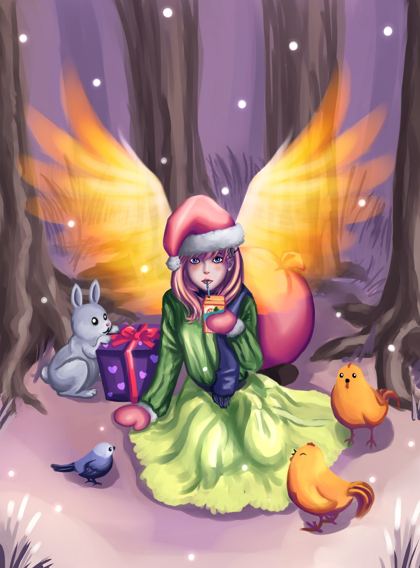 1girl arm_support bad_deviantart_id bad_id bird blue_eyes bunny chick christmas dress fluttershy forest gift hair_ornament hairclip highres juice_box lips long_hair mittens my_little_pony my_little_pony_friendship_is_magic nature personification pink_hair scarf sitting snow solo winter