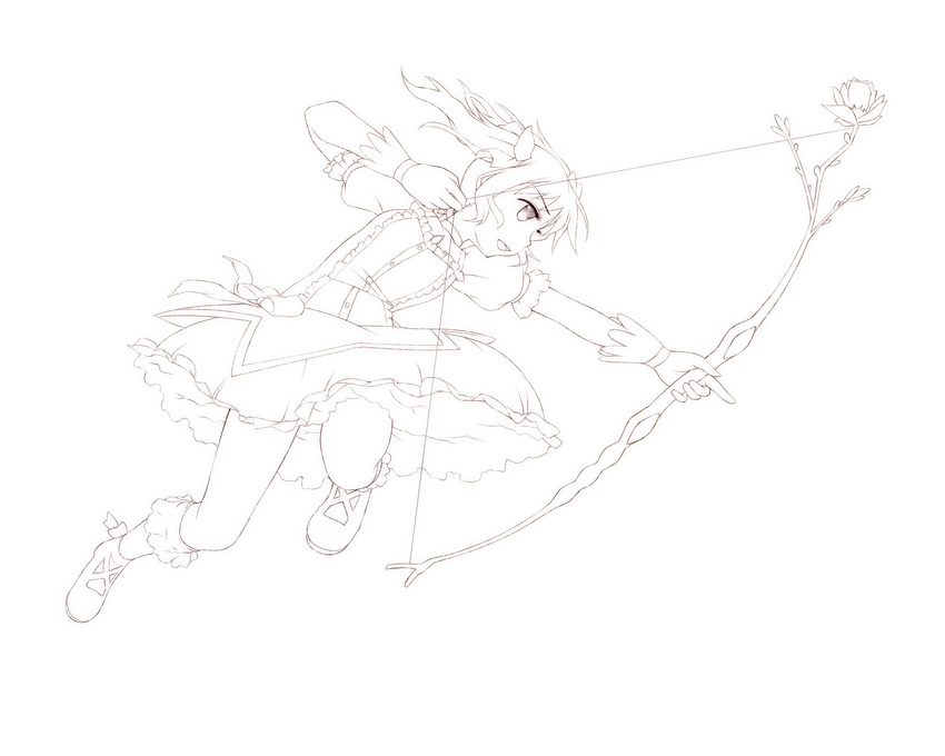 absurdres bow_(weapon) dancho_(danch) dress flower gloves greyscale highres kaname_madoka lineart magical_girl mahou_shoujo_madoka_magica mary_janes monochrome shoes solo weapon