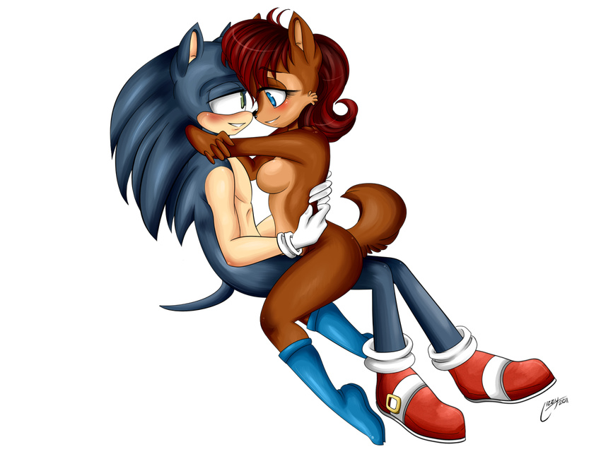 blush boots breasts chipmunk couple duo eye_contact female hair hedgehog hybrid interspecies long_hair long_red_hair looking_at_each_other male mammal muscles nude princess red_hair rishi-chan rodent royalty sally_acorn sega shoes side_boob sitting smile sonic_(series) sonic_the_hedgehog squirrel straight