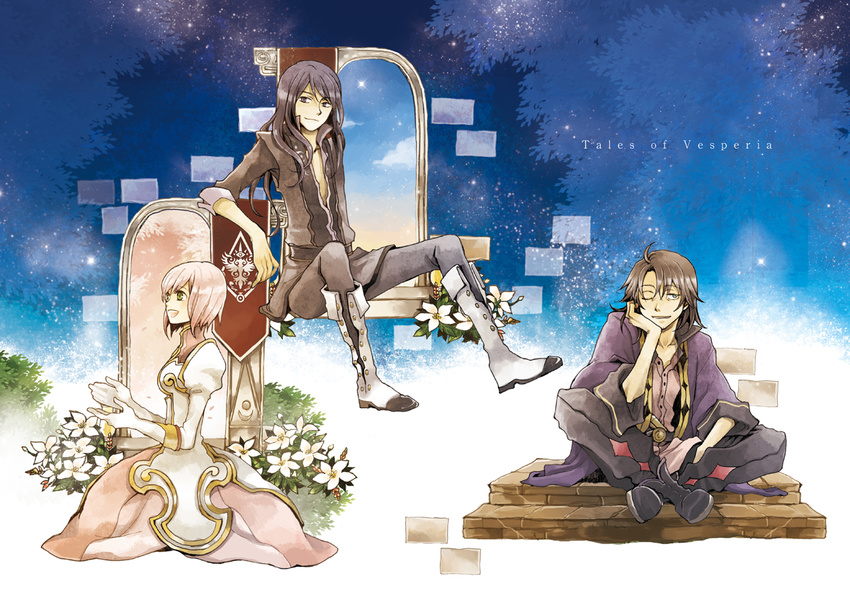 2boys blue_background copyright_name corobun estellise_sidos_heurassein full_body multiple_boys raven_(tales) tales_of_(series) tales_of_vesperia yuri_lowell