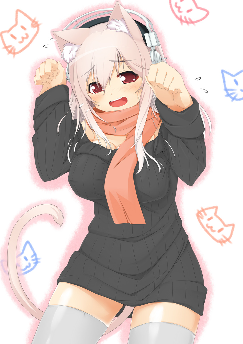 absurdres animal_ears blush breasts cat_ears cat_tail dodome-iro_mayonnaise drawing dress flying_sweatdrops headphones highres kemonomimi_mode long_hair long_sleeves medium_breasts nitroplus open_mouth paw_pose pink_hair red_eyes scarf solo super_sonico sweater sweater_dress tail thighhighs white_legwear