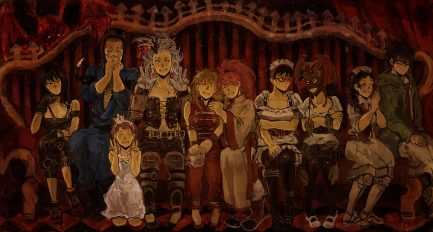 6+girls armband asuka_(dorohedoro) belt bespectacled black_eyes black_hair blonde_hair boots bracer buckle character_request china_dress chinese_clothes chota closed_eyes corset couch crossed_arms demon_wings dokuga dorohedoro dress dual_persona earrings ebisu_(dorohedoro) elbow_pads expressionless flower glasses gloves hair_flower hair_ornament hairband haru_(dorohedoro) hat highres hood hoodie horns jewelry kirion knee_pads long_hair maid_headdress mary_janes mask multiple_boys multiple_girls natsuki_(dorohedoro) navel nikaidou_(dorohedoro) noi_(dorohedoro) nurse_cap open_mouth pantyhose pink_hair ponytail purple_hair ring shoes short_hair smile v wings wristband