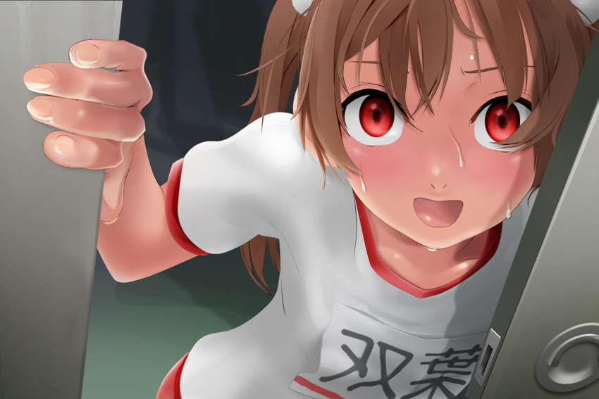 bad_id bad_pixiv_id blush brown_hair caught commentary_request face gym_storeroom gym_uniform hands indoors long_hair open_mouth opening_door original solo surprised sweatdrop twintails yuki18r