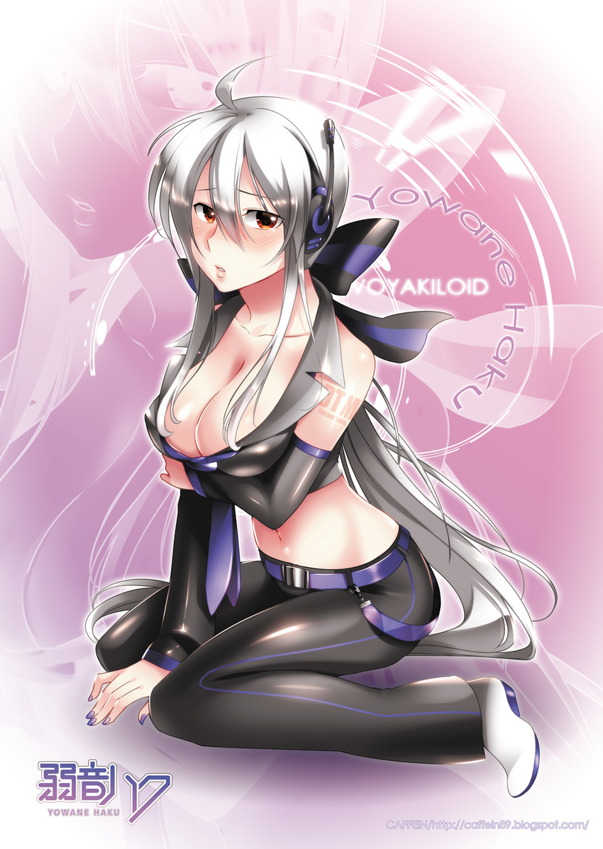 ahoge breast_hold breasts caffein cleavage detached_sleeves highres large_breasts long_hair nail_polish ponytail red_eyes silver_hair solo vocaloid yowane_haku