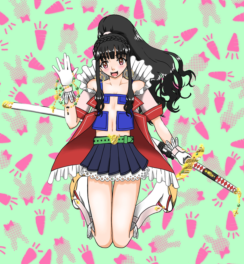amakusa_shiro amakusa_shiro_tokisada amakusa_shirou beads belt black_hair bow bow_tie bowtie brown_eyes bunny carrot cross crossdress crossdressing earrings gloves highres history jacket jewelry lace legwear ponytail rabbit rosary ruffle sandals skirt stockings sword thighhighs trap weapon