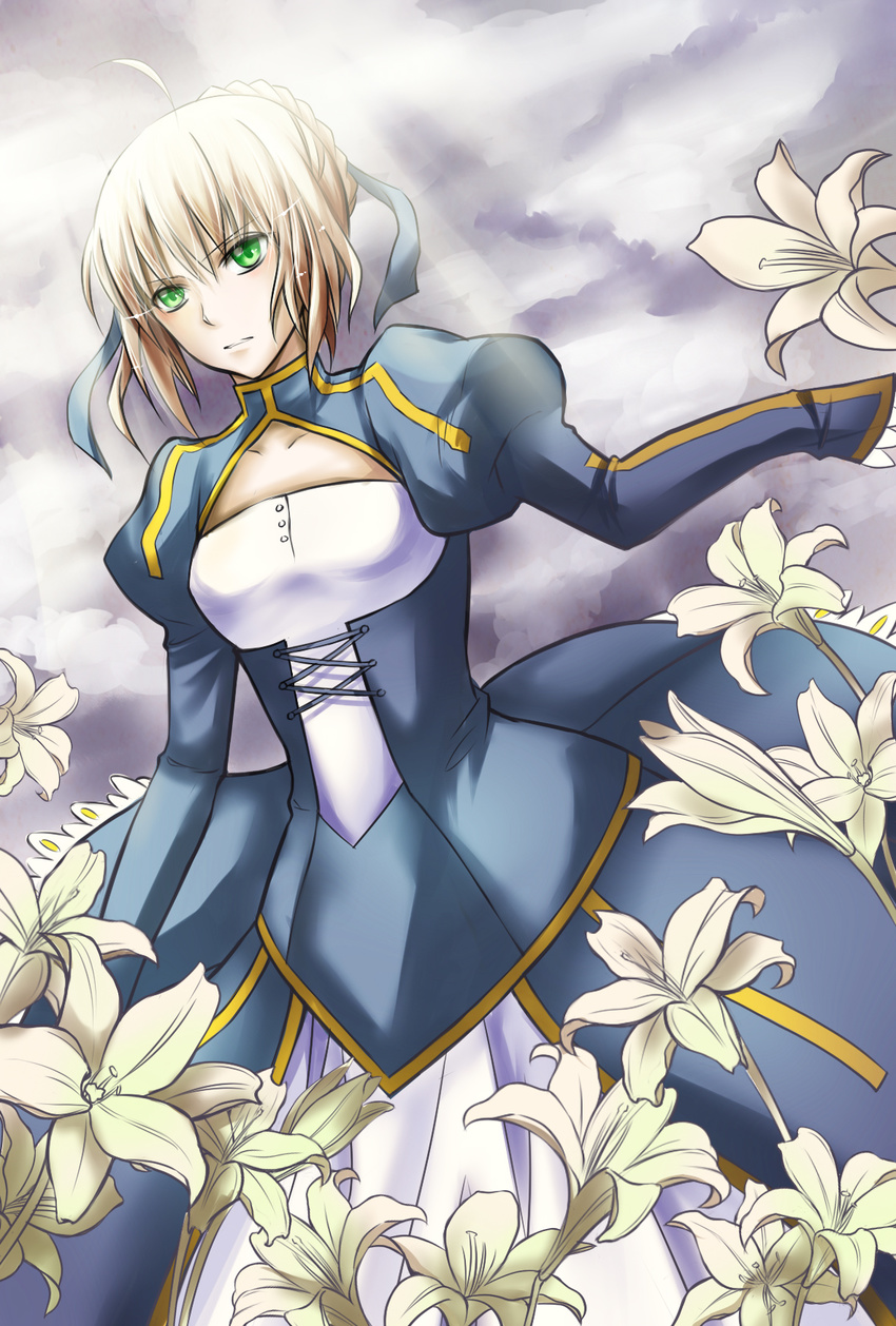 ahoge artoria_pendragon_(all) blonde_hair dress fate/stay_night fate_(series) flower green_eyes highres lilian090 lily_(flower) puffy_sleeves saber solo
