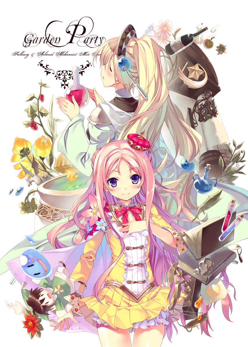 2girls atelier_(series) atelier_marie atelier_meruru barrel blonde_hair blush blush_stickers book bottle bow breasts brown_hair chibi cleavage closed_eyes cover cover_page crown doujin_cover dress flask flower gem half_updo hand_on_own_chest hat highres liquid long_hair marie_(atelier) merurulince_rede_arls multiple_girls ooba_kagerou open_mouth purple_eyes red_bow round-bottom_flask short_hair small_breasts smile vial