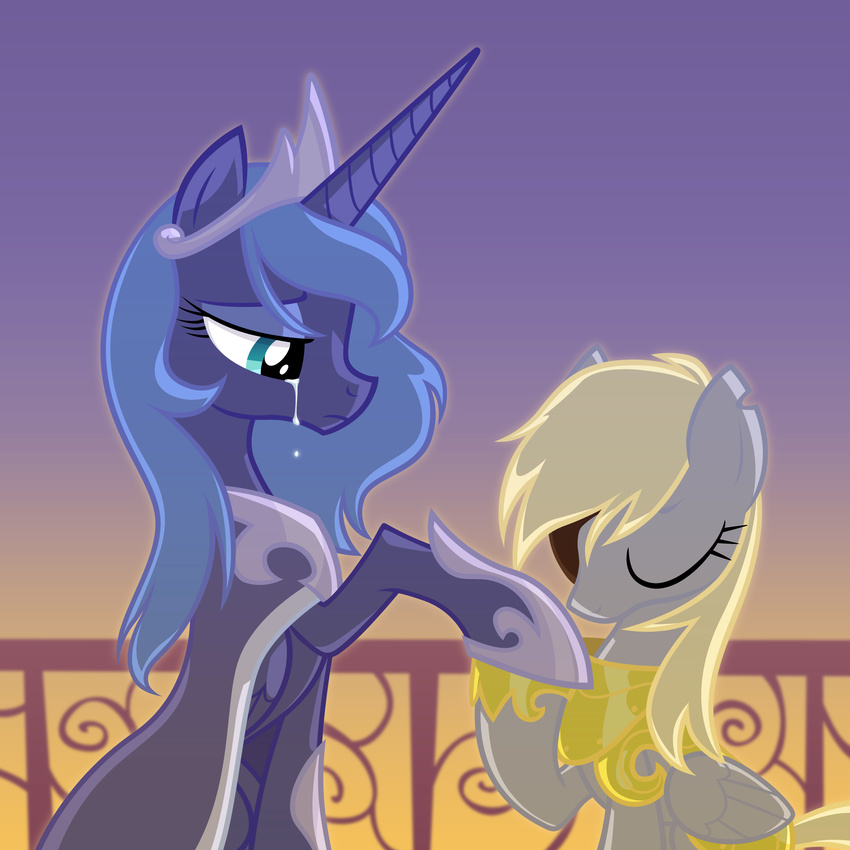 alicorn blonde_hair blue_hair castle cloak crown crying derpy_hooves_(mlp) duo equestria-prevails equine eye_patch eyes_closed eyewear female feral friendship_is_magic grey_body hair hi_res horn horse long_hair mammal my_little_pony pegacorn pegasus pony princess_luna_(mlp) railing sad tail tears winged_unicorn wings