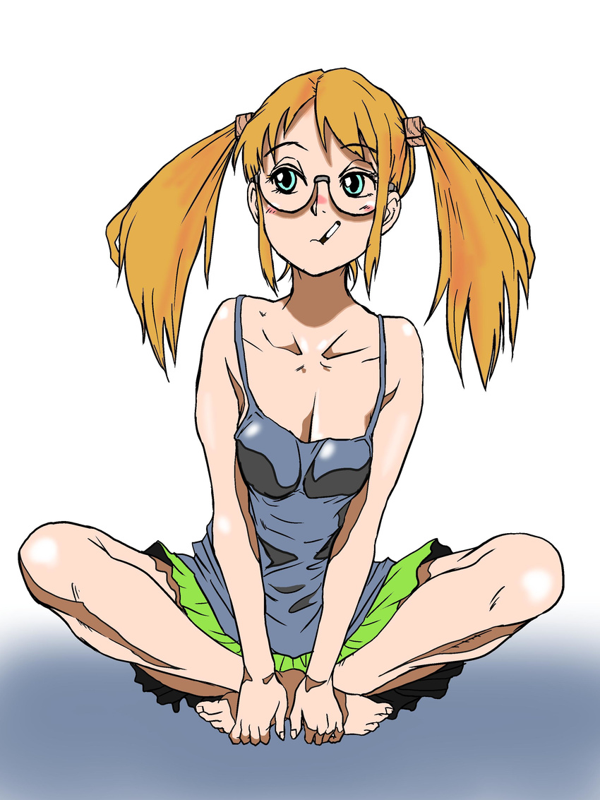 a-king absurdres aqua_eyes bad_id bad_pixiv_id cigarette derivative_work full_body glasses hair_bobbles hair_ornament highres nichijou older professor_shinonome red_hair simple_background sitting skirt solo tank_top twintails