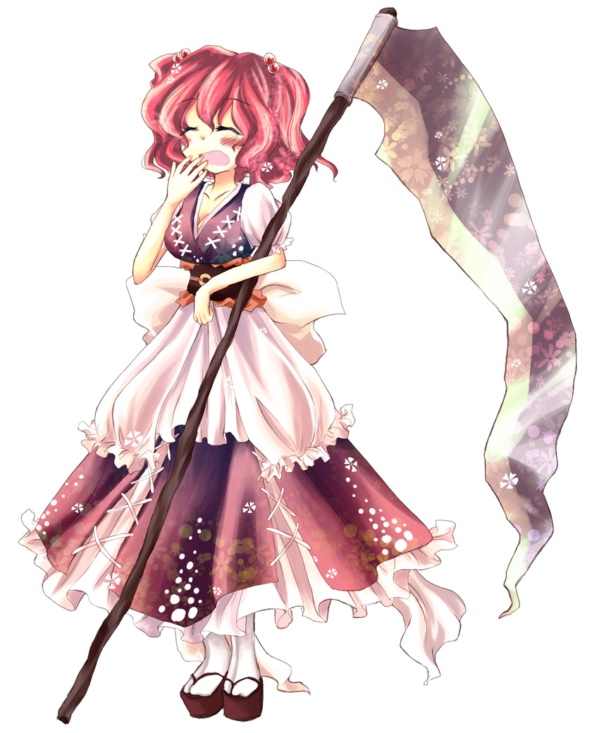 absurdres blush breasts cleavage closed_eyes full_body hair_bobbles hair_ornament highres medium_breasts obi onozuka_komachi red_hair sash scythe solo tears touhou transparent_background two_side_up yawning yuzuki_(rurirara)