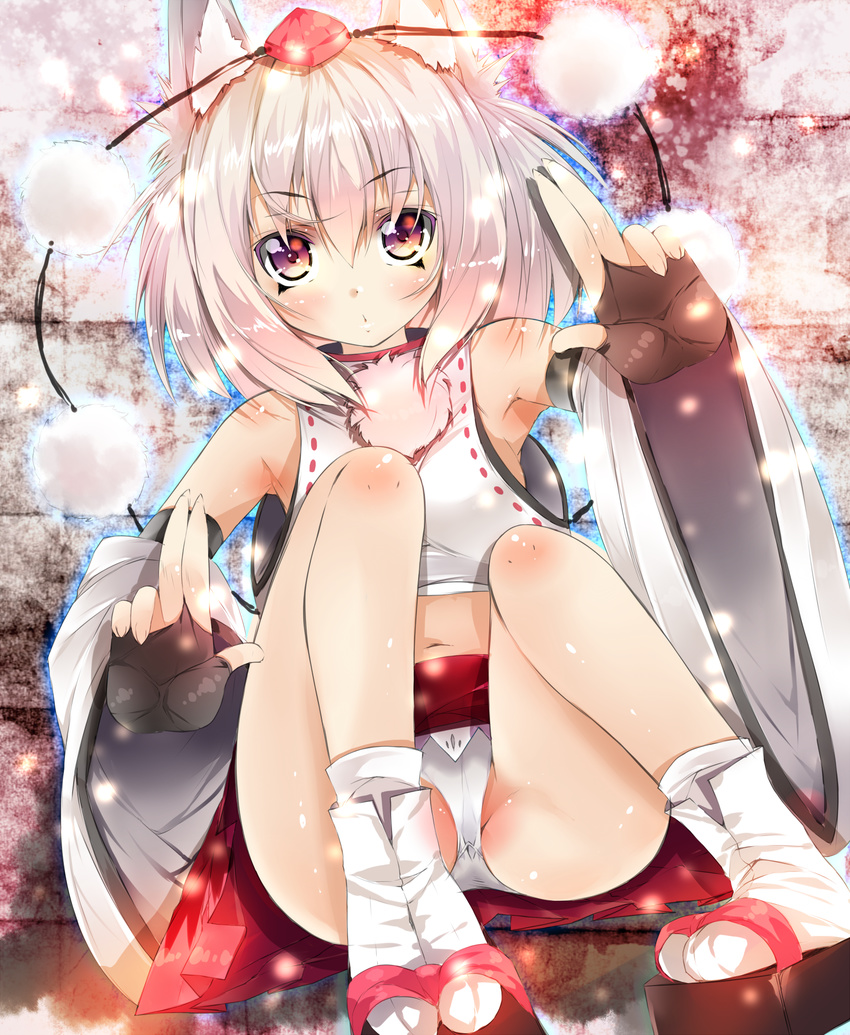 :o animal_ears bad_id bad_pixiv_id bare_legs bare_shoulders blush brick_wall bridal_gauntlets detached_sleeves hands hat highres inubashiri_momiji looking_at_viewer midriff no_bra panties pantyshot pantyshot_(sitting) puckered_lips red_eyes shikinyan short_hair silver_hair sitting solo tabi tokin_hat touhou underwear white_legwear white_panties wide_sleeves wolf_ears