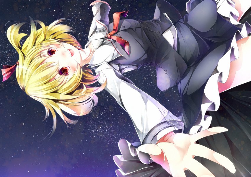 blonde_hair blush flying night outstretched_arms rumia short_hair smile solo spread_arms sugiyuu touhou upside-down