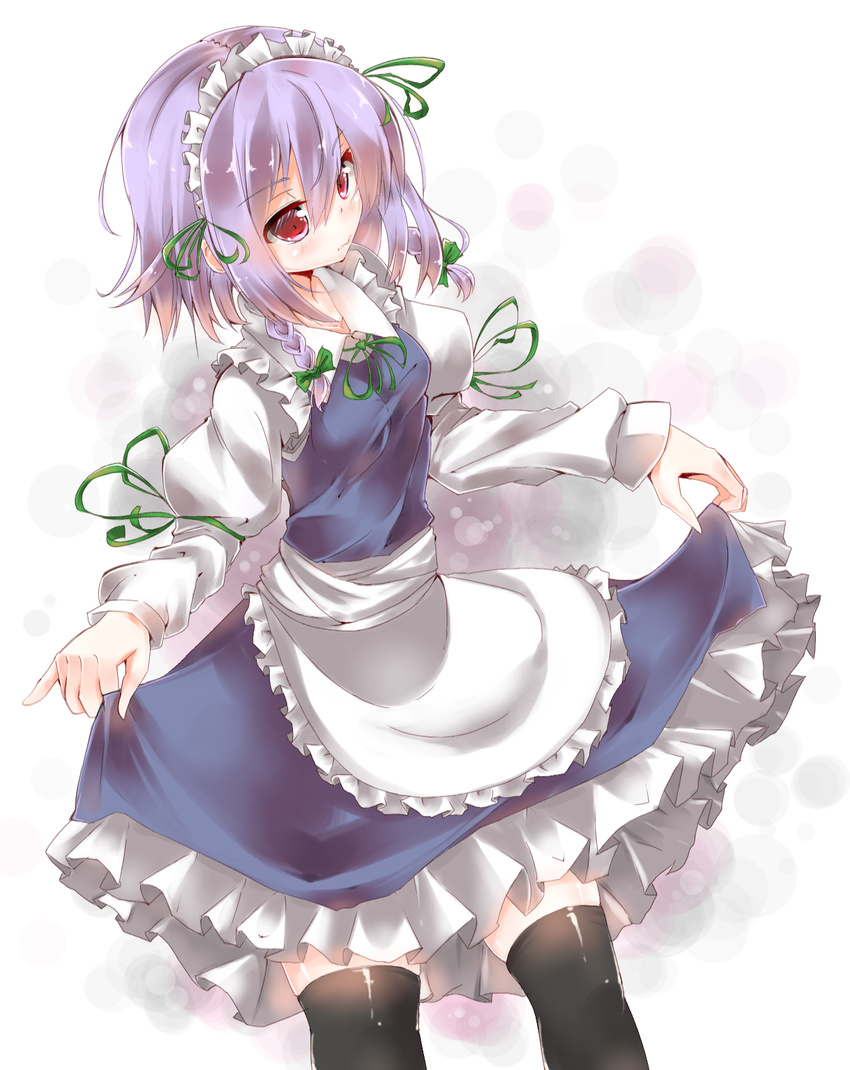 apron black_legwear blush braid frilled_apron frills hair_ribbon highres izayoi_sakuya kurean maid maid_headdress puffy_sleeves red_eyes ribbon short_hair silver_hair skirt skirt_hold solo thighhighs touhou twin_braids