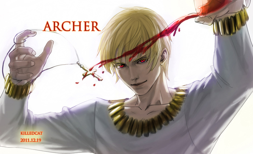 2011 alcohol artist_name bad_id bad_pixiv_id blonde_hair bracelet casual cross cross_necklace cup dated drinking_glass fate/zero fate_(series) gilgamesh jewelry killedcat male_focus necklace realistic signature slit_pupils solo spill white_background wine wine_glass