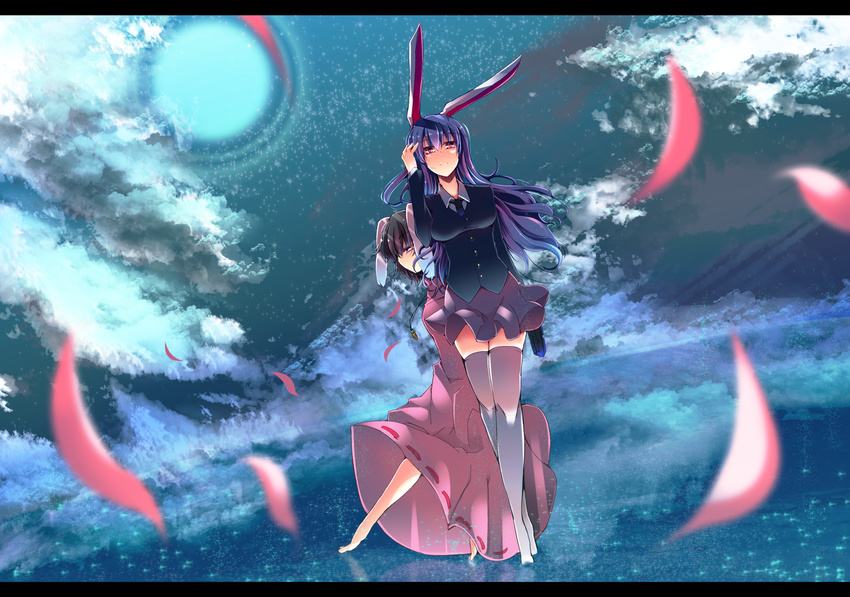 animal_ears barefoot black_hair blazer breasts bunny_ears carrot carrot_necklace cloud dress frown highres inaba_tewi jacket jewelry jyuuji letterboxed long_hair medium_breasts moon multiple_girls necklace night pendant petals purple_hair reisen_udongein_inaba short_hair skirt star_(sky) thighhighs touhou white_legwear zettai_ryouiki