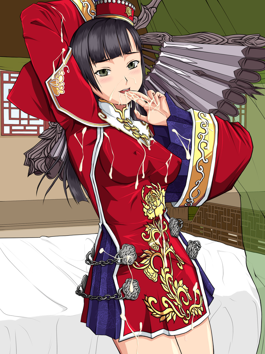 bare_legs bed black_hair blush breasts cum cum_on_body cum_on_clothes cum_on_hand cum_on_upper_body da_qiao erect_nipples facial fan female finger_to_lips finger_to_mouth green_eyes hat highres knopf_koubou long_hair shin_sangoku_musou solo standing