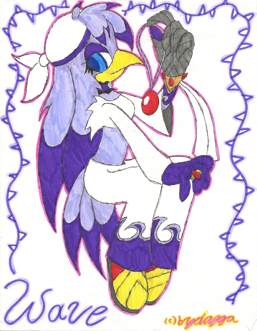 bandanna beak bird blue_eyes bydayga clothing female hi_res midriff necklace pants plain_background profile purple purple_body sega solo sonic_(series) sonic_riders swallow_(bird) wave_the_swallow white_background white_clothing