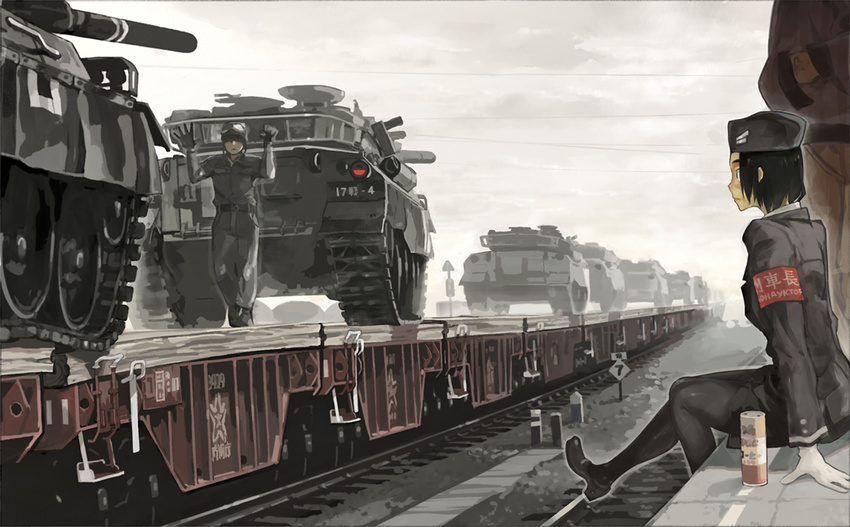 1girl arm_support armband black_hair black_legwear cable can canned_coffee caterpillar_tracks chinese cloud cloudy_sky coffee copyright_request cyrillic gloves ground_vehicle hand_gesture hat helmet military military_uniform military_vehicle motor_vehicle pantyhose railroad_tracks russian short_hair sitting sky source_request tank train train_conductor type_74 uniform zaimoku_okiba