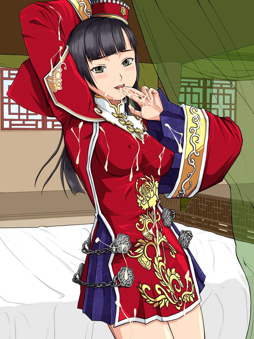 bare_legs bed black_hair blush breasts cum cum_on_body cum_on_clothes cum_on_hand cum_on_upper_body da_qiao erect_nipples facial female finger_to_lips finger_to_mouth green_eyes hat highres knopf_koubou long_hair shin_sangoku_musou solo standing