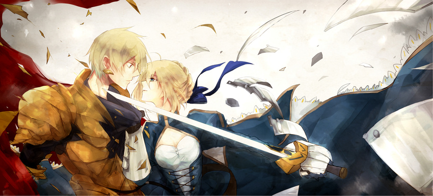 1girl 9tsumura ahoge alternate_hairstyle armor artoria_pendragon_(all) bad_id bad_pixiv_id blonde_hair blue_dress blue_eyes braid broken_armor cape dress earrings excalibur eye_contact face-to-face fate/stay_night fate/zero fate_(series) faulds french_braid gauntlets gilgamesh glowing glowing_weapon hair_bun hair_ribbon jewelry juliet_sleeves long_image long_sleeves looking_at_another open_mouth puffy_sleeves ribbon saber shatter shirt_pull short_hair simple_background smile sword weapon wide_image yellow_eyes