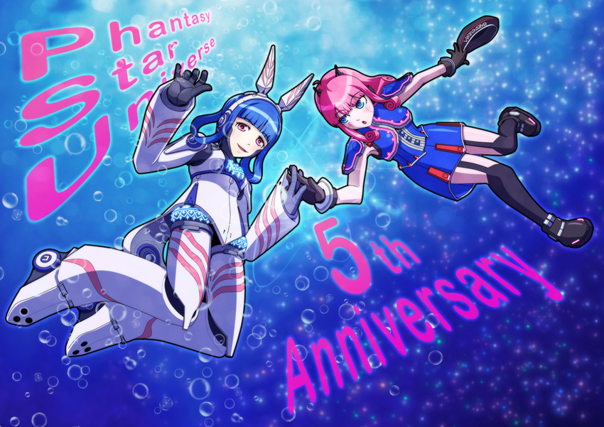 :o afloat android anniversary bangs black_gloves black_legwear blue_background blue_eyes blue_hair blue_skirt blunt_bangs blush bubble copyright_name crossover english full_body garters gloves hair_rings hairband hat hat_removed headwear_removed holding_hands light_smile looking_at_another looking_down lou_(phantasy_star) multiple_girls phantasy_star phantasy_star_portable phantasy_star_universe pink_eyes pink_hair robot_ears shoes short_hair shoulder_pads skirt sleeveless syo_amabane text_focus thighhighs underwater vivienne_(phantasy_star) water