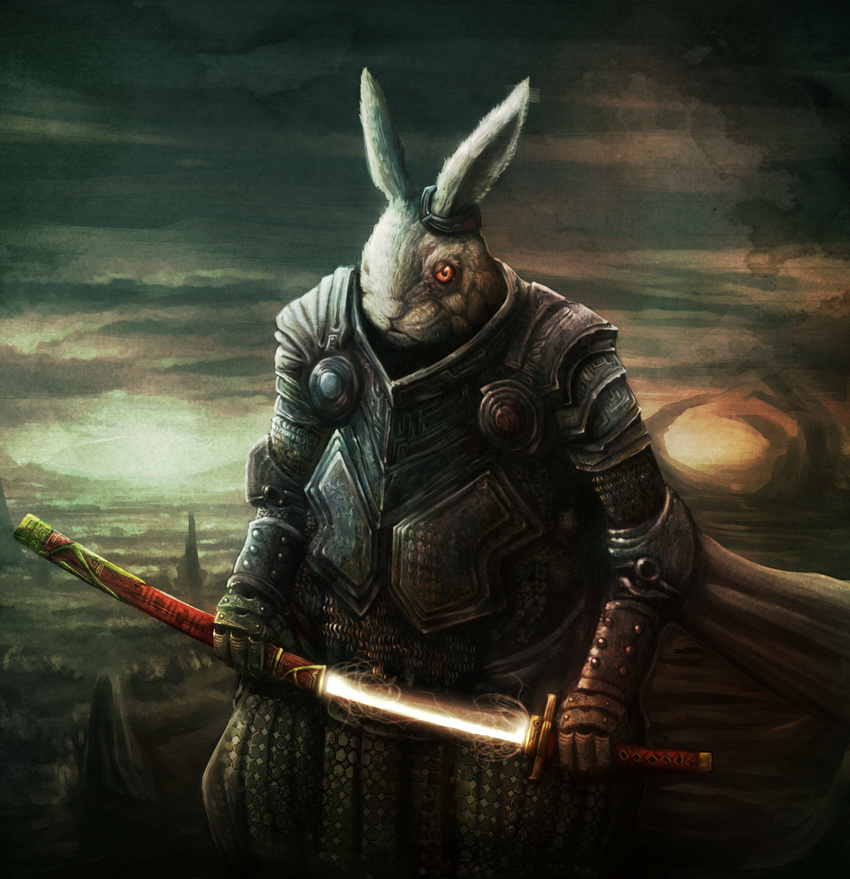 animal_ears armor brown_eyes bunny fantasy furry highres monster rabbit scenery sheath sheathe sword weapon