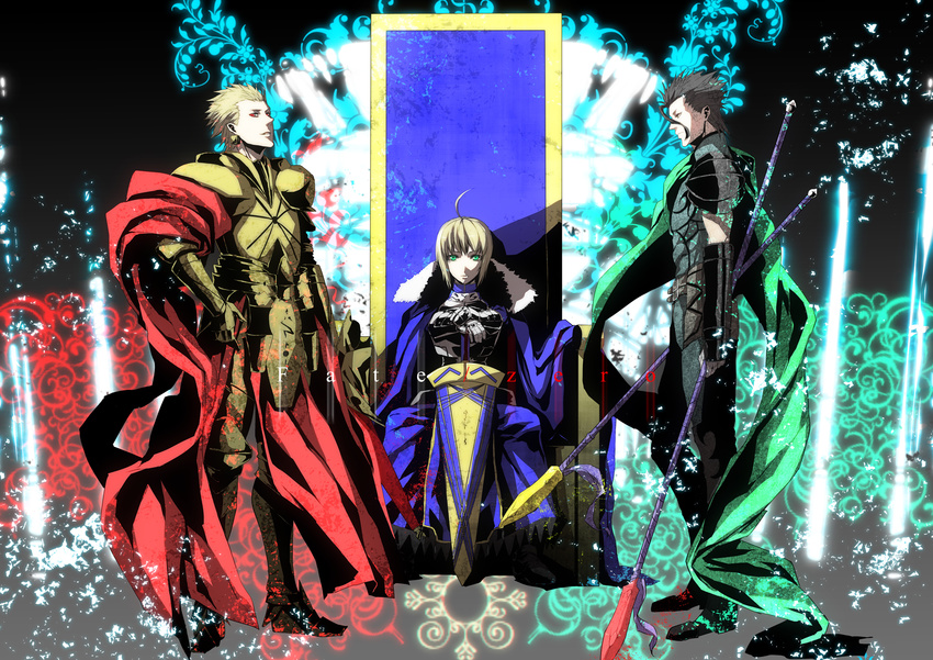 2boys ahoge armor armored_dress artoria_pendragon_(all) avalon_(fate/stay_night) bad_id bad_pixiv_id banned_artist black_hair blonde_hair cape dress excalibur fate/stay_night fate/zero fate_(series) gae_buidhe gae_dearg gauntlets gilgamesh green_eyes hair_ribbon high_contrast highres lancer_(fate/zero) multiple_boys polearm red_eyes ribbon s_tanly saber sheath sheathed short_hair spear sword throne weapon yellow_eyes