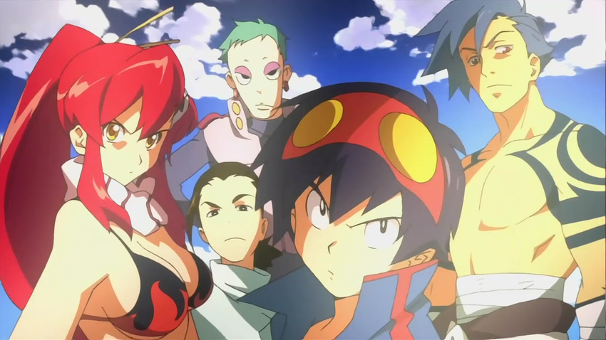 &gt;:) 4boys aqua_hair armpits bare_shoulders bikini_top black_hair blue_hair blue_sky breasts brown_eyes cleavage cloud day flame_print goggles goggles_on_head kamina leeron long_hair looking_at_viewer medium_breasts multiple_boys no_nipples ponytail red_hair rossiu scarf screencap short_hair sideboob simon sky smile tattoo tengen_toppa_gurren_lagann upper_body v-shaped_eyebrows very_short_hair white_scarf yoko_littner