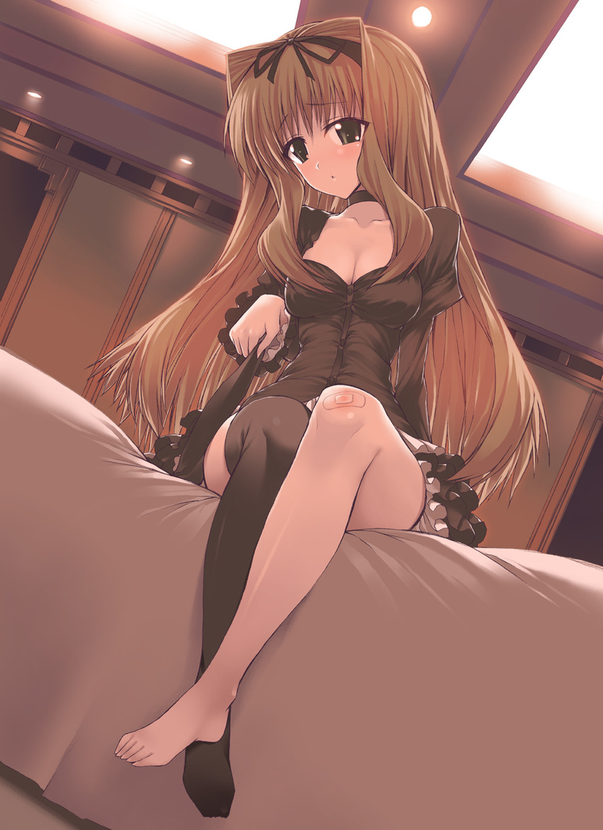 asymmetrical_clothes bandaid bandaid_on_knee barefoot bed blonde_hair breasts brown_eyes cleavage dutch_angle feet highres kusugawa_sasara large_breasts long_hair single_thighhigh sitting solo suzume_inui thighhighs to_heart_2