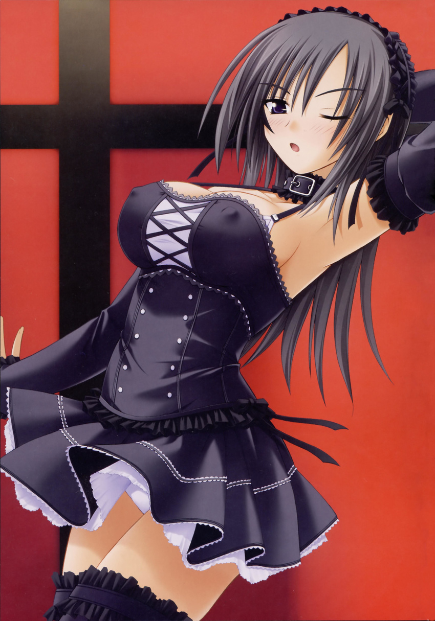 absurdres armpits black_choker blush breasts buckle chestnut_mouth choker cleavage covered_nipples cross-laced_clothes double-breasted elbow_gloves frilled_choker frills gloves gothic_lolita highres hizuki_shino kawagishi_keitarou large_breasts lolita_fashion looking_at_viewer one_eye_closed open_mouth panties pantyshot purple_eyes purple_hair ringetsu scan shin_ringetsu solo strap_gap thighhighs underbust underwear