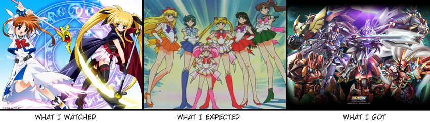 aino_minako bishoujo_senshi_sailor_moon blonde_hair blue_hair boots brown_hair heels hino_rei humor kino_makoto mahou_shoujo_lyrical_nanoha mizuno_ami pink_hair ribbon sailor_chibi_moon sailor_jupiter sailor_mars sailor_mercury sailor_moon sailor_venus scythe super_robot_wars tsukino_usagi what_i_watched_what_i_expected_what_i_got