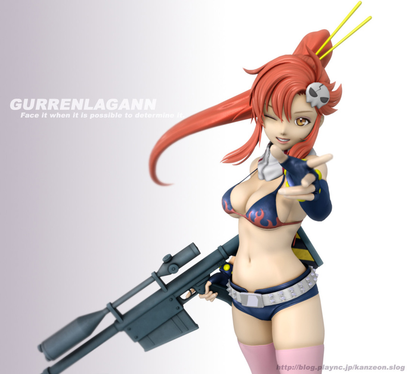 3d bikini_top breasts elbow_gloves fingerless_gloves gloves grin gun huge_breasts kanzeon long_hair looking_at_viewer one_eye_closed ponytail red_hair rifle scarf short_shorts shorts skindentation smile sniper_rifle solo strap_gap tengen_toppa_gurren_lagann thighhighs weapon yellow_eyes yoko_littner